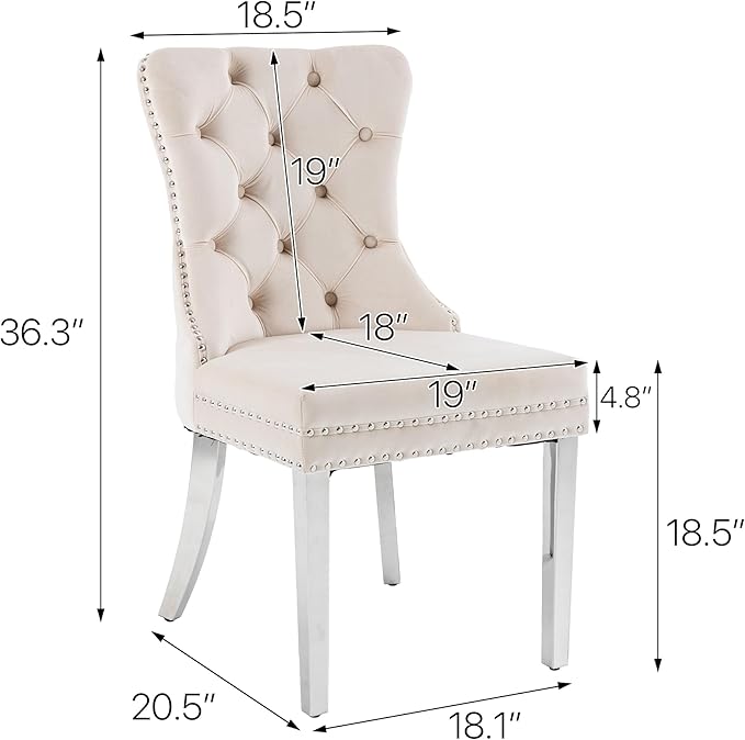 KCC Velvet Dining Chairs Set of 4, Upholstered High-end Tufted Dining Room Chair with Nailhead Back Ring Pull Trim Stainless Steel Legs, Contemporary Nikki Collection Modern Style for Kitchen, Beige