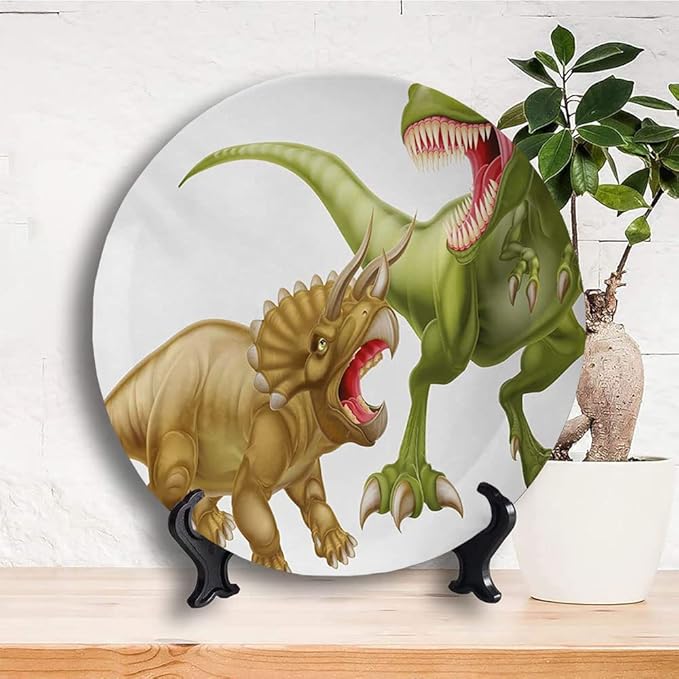 Ceramic Plates, Dinosaur Decorative Ceramic Plates, Rex Versus Triceratops Scaring Each Other, 8 Inch, for Dining, Parties, Wedding, Green Pink Pale Brown