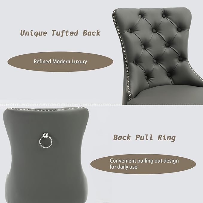 KCC Faux Leather Dining Chairs Set of 6, Upholstered High-end Tufted Dining Room Chair with Nailhead Back Ring Pull Trim Solid Wood Legs, Contemporary Nikki Collection Modern Style for Kitchen, Gray