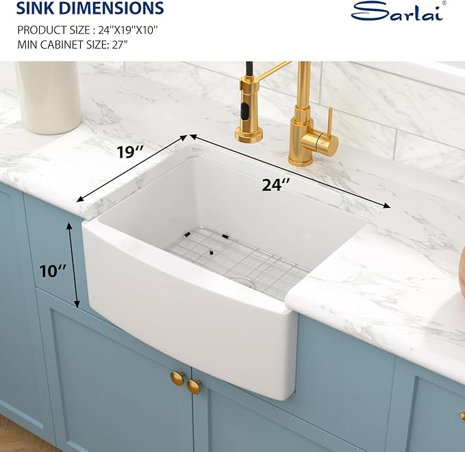 Sarlai 24 White Farmhouse Sink - 24 Inch Small Farmhouse Sink White Apron Front Ceramic Porcelain Fireclay Single Bowl Farm Kitchen Sink Laundry Room Sinks