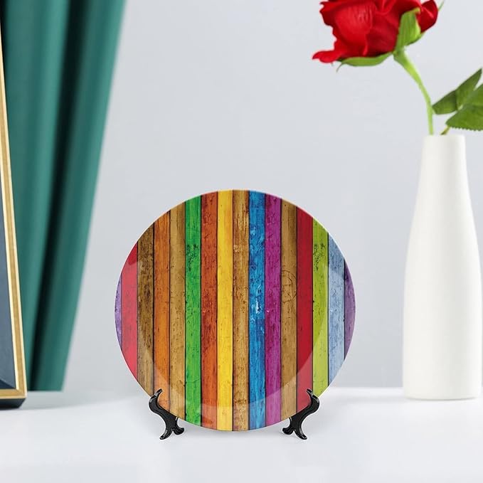 Ceramic Display Plate, Abstract Ceramic Hanging Decorative Plate, Vibrant Wooden Artistic Cheerful Art Rainbow Image, 6 Inch, Household Custom Ceramic Plate, Multicolor