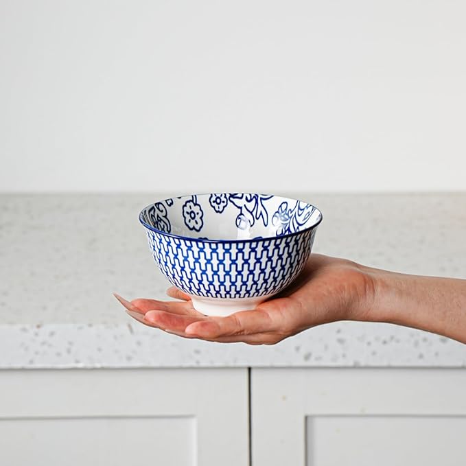 Ceramic Dessert Bowls Set - Small 12 Oz Cereal Bowls - 4.75 Inch Ice Cream Bowls for Fruit, Snack, Side Dishes, Dipping Sauce - Microwave Dishwasher Safe - Set of 6 - Vintage Blue