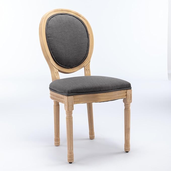 Ball & Cast French Vintage Upholstered Dining Chairs Set of 2, Farmhouse Antique Painting Wooden Kitchen Side-Chairs with Carved Solid Wood Frame, 2-Piece Curved Backrest Louis Chair, Linen Gray