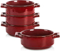 vicrays Ceramic Soup Bowls with Handles, 24 Oz Porcelain Soup Crocks for French Onion Soup, Cereal, Beef Stew, Chill, Pasta, Pot Pies, Microwave and Oven Safe, Set of 4 (Cherry Red)