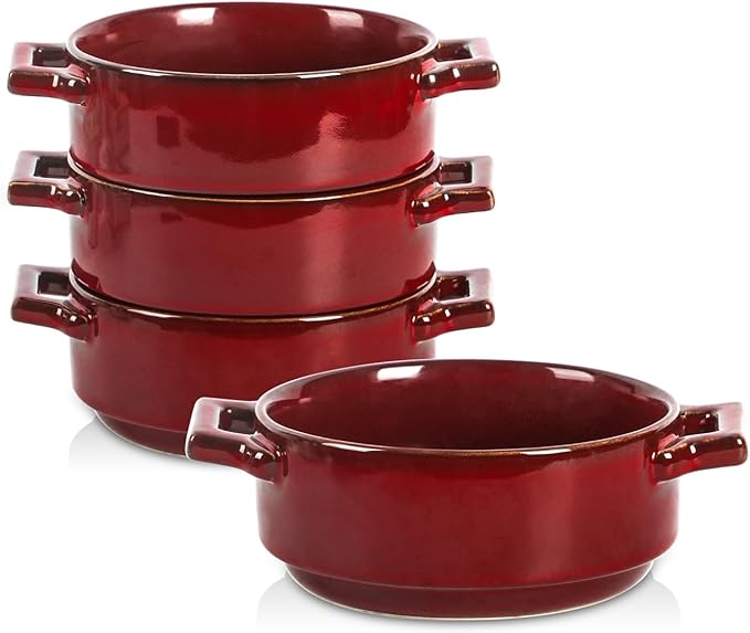 vicrays Ceramic Soup Bowls with Handles, 24 Oz Porcelain Soup Crocks for French Onion Soup, Cereal, Beef Stew, Chill, Pasta, Pot Pies, Microwave and Oven Safe, Set of 4 (Cherry Red)