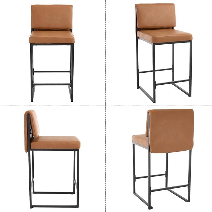 Modern Barstools Set of 4, 26” Upholstered Counter Height Bar Stools PU Leather Fabric Counter Stools with Padded Back Metal Frame for Kitchen Island Dining Room, Brown