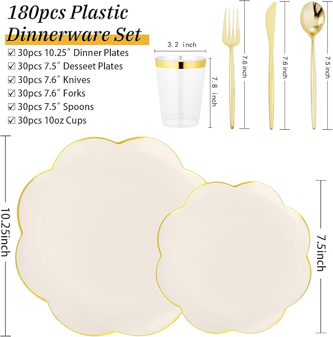 EI 180pcs Beige Plastic Plates with Gold Plastic Silverware,Heavy-Duty Disposable Plates for Party,Beige Dinnerware Set for 30 Guest Wedding,Afternoon Tea,Spring,Mother's Day,Valentine's Day,Easter
