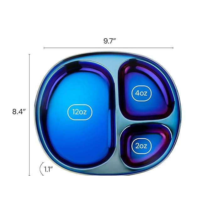 Ahimsa Stainless Steel Kids Plate, Pediatrician Designed Divided Toddler & Baby Plates, Non Toxic, Unbreakable & Dishwasher Safe, Iridescent Blue
