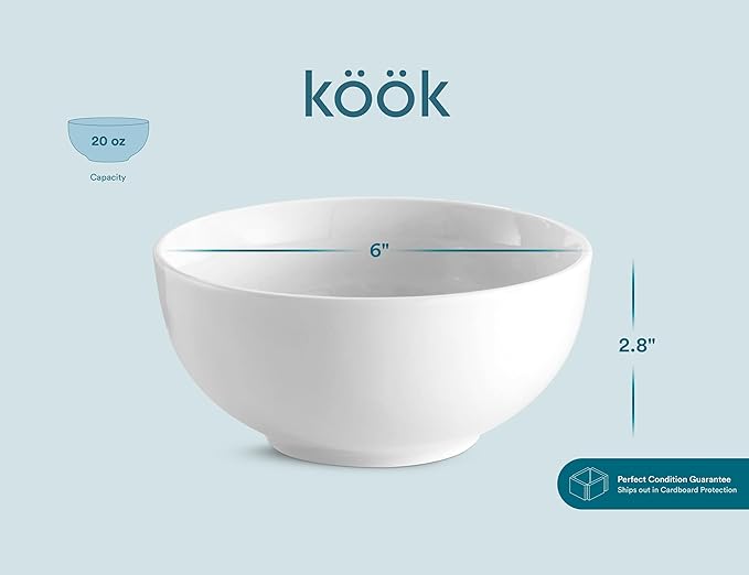 KooK Ceramic Soup Bowls, Cereal Bowl, Microwave, Dishwasher and Freezer Safe, Porcelain Dishes for Pasta, Salad, Oatmeal, Deep Interior, 20 oz, Set of 4, Marshmallow White