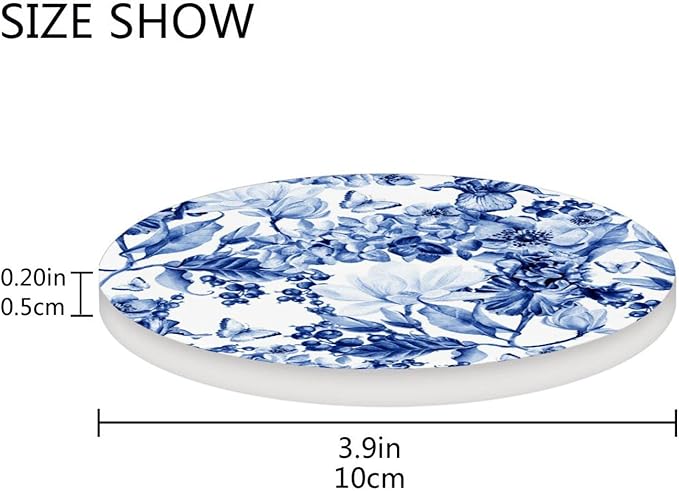Coasters for Drinks Cup Coaster Mat Round Cups Cork Backing Pad for Coffee Table Desk Home Decor Blue White Flowers Butterfly
