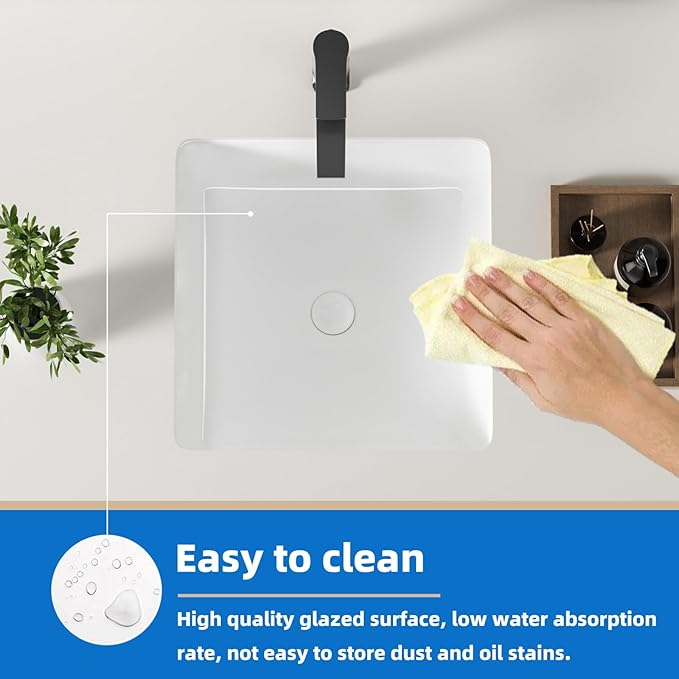 16 Inch Small Square White Undermount Bathroom Sink 16.15" x 16.15" Vanity Under Counter Basin Porcelain Rectangle Vessel Sink for Tiny Place Opening Size 14.17" x 14.17" Lavamanos Para Baños KINGWONG