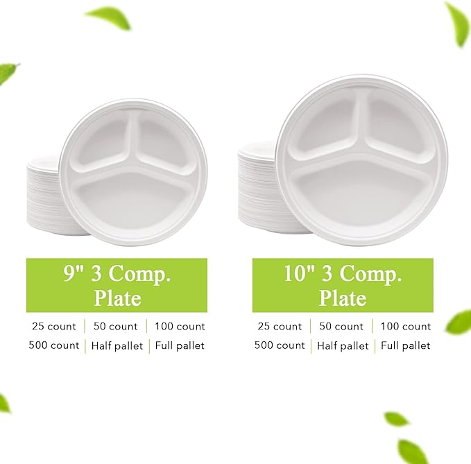 three leaf 9" 3 COMPARTMENT BAGASSE ROUND PLATE, 50 Ct. Heavy-Duty- Super Strong- Natural- Eco-Friendly Disposable Bagasse Plates, 100% Biodegradable 9 inch 3 compartment plates