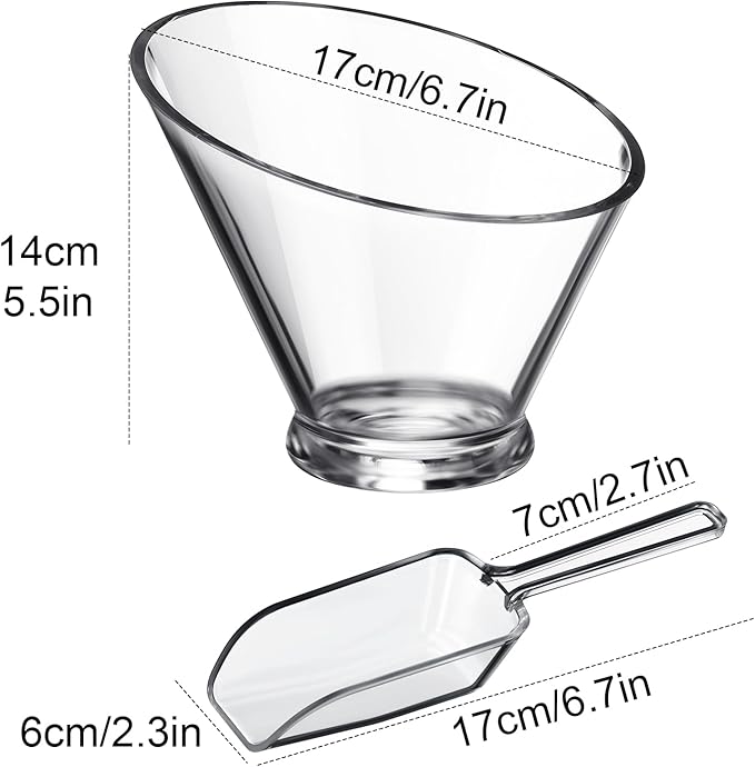 Sawysine 12 Pcs Acrylic Clear Serving Bowls with Plastic Kitchen Scoops Salad Serving Bowls Popcorn Scoops Angled Candy Bowl for Salad Cooking Parties(24 oz)