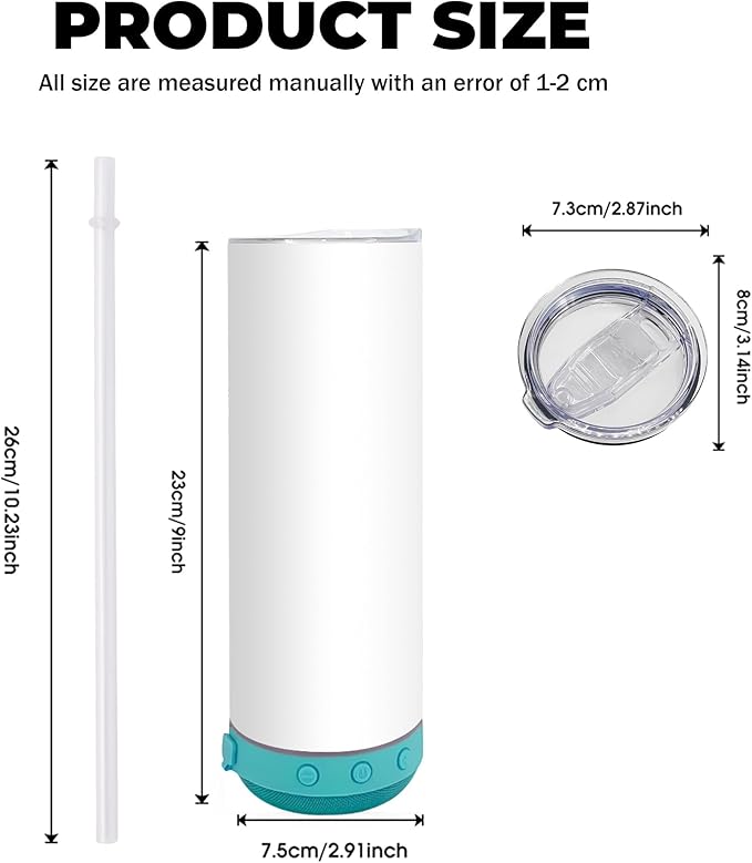 20oz Sublimation Tumbler Blank Bluetooth Tumbler with Straw and Lid, Double-Wall Stainless Steel Vacuum Insulation cups, RemovableRechargeable Bluetooth Wireless Speaker
