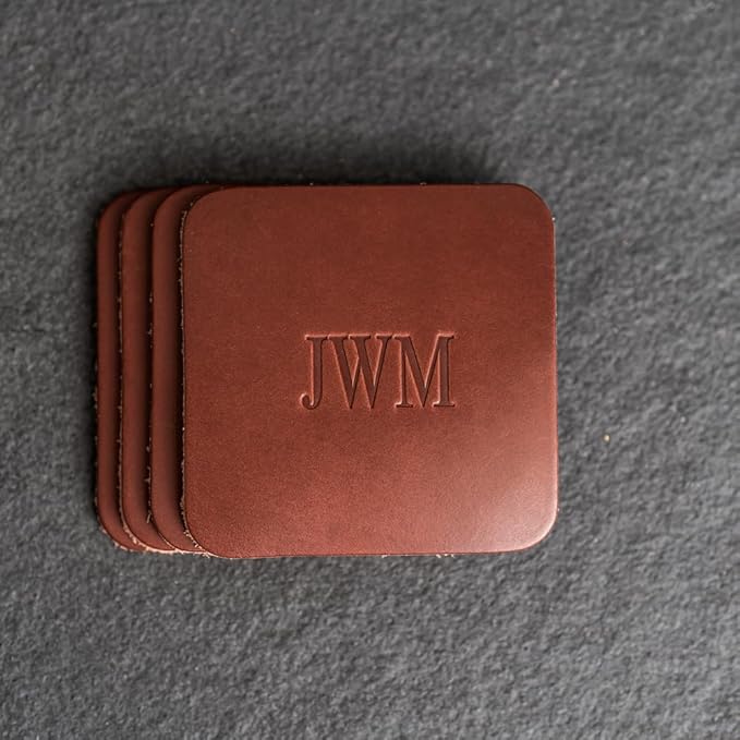 Ox & Pine Personalized Leather Coaster - Sold Individually or in Sets of 4 - Customize Inscription - 100% Full-Grain Leather – 4" Round or 4" Square (Square, Brown, Set of 4 Coasters)