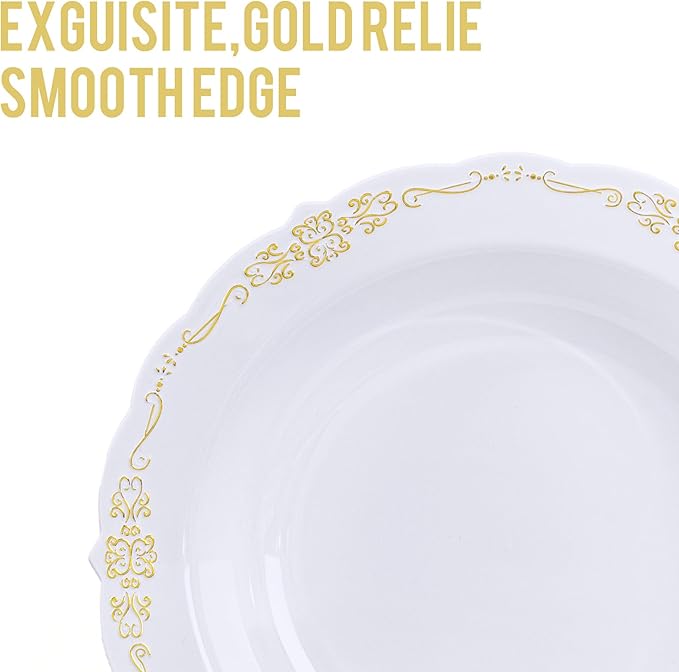 DaYammi 50 Pack Plastic Bowls with Gold Rim, 12oz Disposable Soup Bowls, Heavy Duty Dinner Bowls for Weddings,Gold Disposable bowl for Parties, Dinners, Catering and Everyday Use