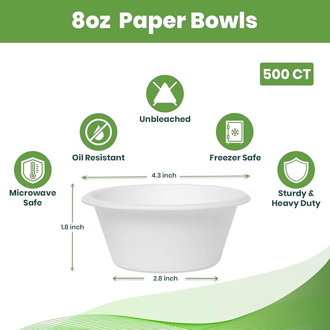 Disposable Paper Bowls, 8oz 500 Pack, Compostable Heavy-Duty Biodegradable Sugarcane Bowls – Eco-Friendly, Bagasse Bowl for Soup, Salad, Dessert & More