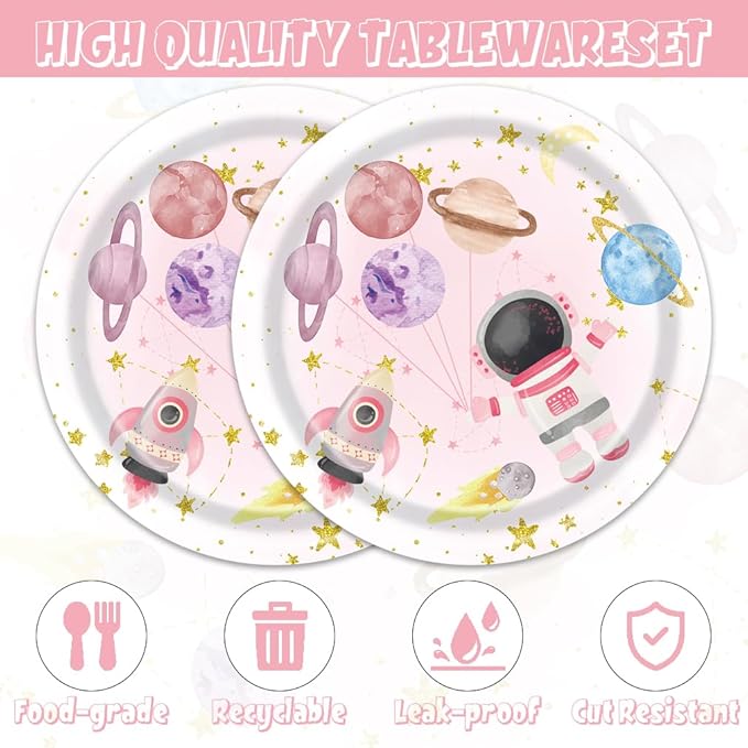 Pink planet Party Plates and Napkins - 40 PCS Pink planet Birthday Party Supplies for Boys and girl Disposable Dinner Dessert Cake Paper Plates Lunch Napkins