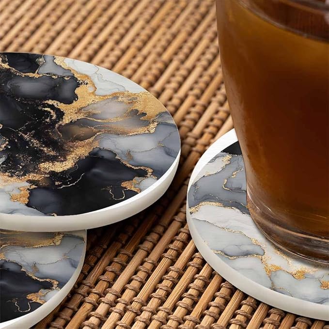 Alcohol Ink Painting Black Coaster Luxury Marble Liquid Global Texture Tabletop Protection for Any Table Type Wood, Granite, Glass, Soapstone, Sandstone, Marble, Stone Tables