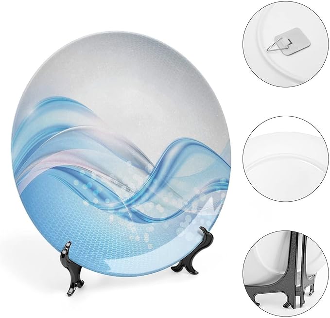 Ceramic Display Plate, Abstract Ceramic Hanging Decorative Plate, Modern Wavy Ocean Surfer Summertime Themed, 10 Inch, Living Room Kitchen Decoration Household, Pale Blue and White