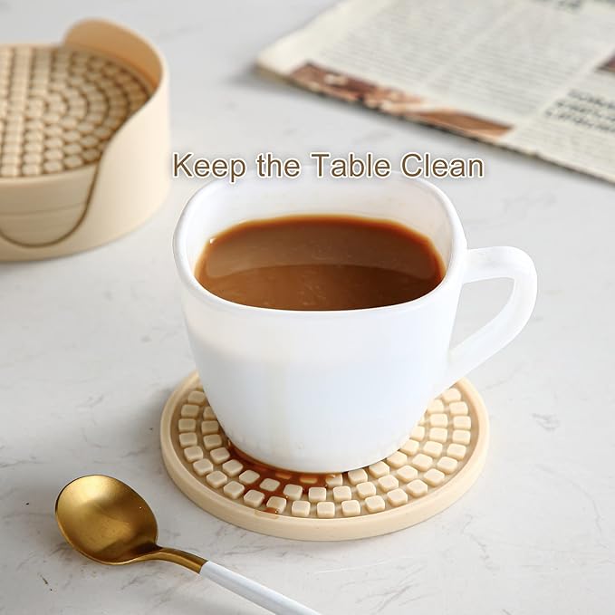 Colinda Silicone Drink Coasters with Holder, Set of 6, Outdoor Cup Mat for Hot or Cold Drinks, Thickened, Non-Slip,Non-Stick, Turquoise