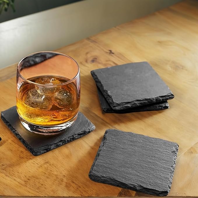 24 Pack 4 inch Slate Coasters,12 Round Pieces + 12 Square Pieces,Handmade Natural Rough Edge,with Integral Anti-Skid pad,Laser Engraving Blanks,Stone Coasters