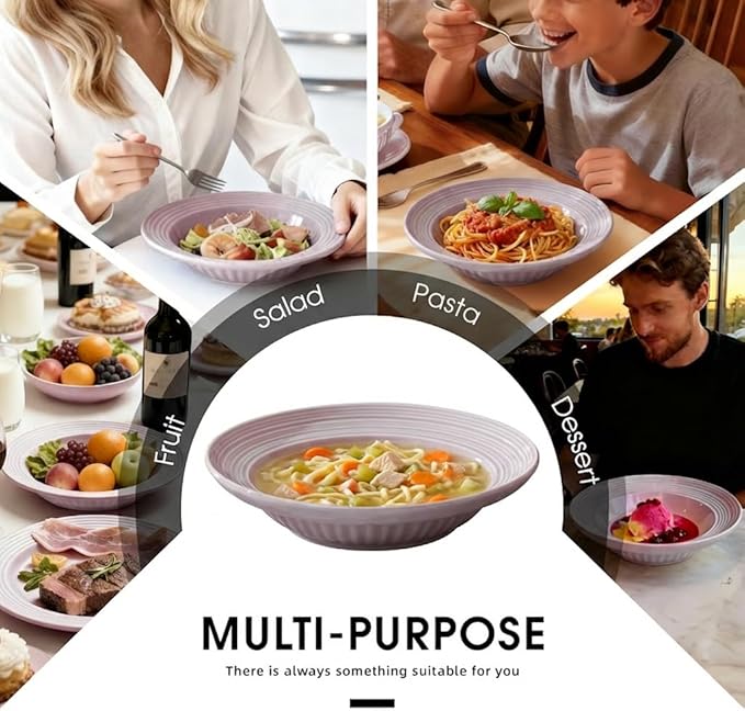 Wide Rim Soup Bowls, 11oz Small Capacity Rimmed Pasta Bowls Set of 4, 8 Inch Ceramic Salad Bowl, Shallow Plates, Elegant Dinner Cereal Serving - Microwave Dishwasher Oven Safe - Purple