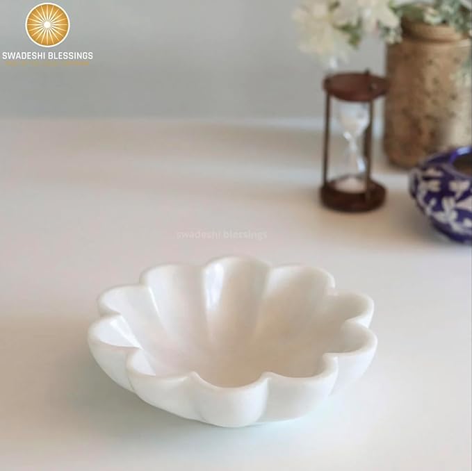SWADESHI BLESSINGS HandCrafted Marble Decorative Bowl | White Ruffle Scalloped Fluted Key/Fruit Ring Dish | Organic Modern Home Decor (9 Inches)