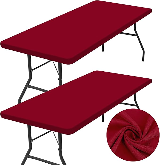 homing 2 Pack Rectangle Table Cloth, Elastic Fitted Fabric Tablecloth Fits for 4 Foot Folding Tables, Washable Table Cover for Picnic, Camping, Indoor & Valentine's Day (Wine Red, 30" x 48")