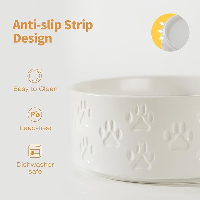 Ceramic Dog Bowl Set, 8.3" Food and Water Bowls with Anti-Slip Rings for Large Breed Dogs, 7.5 Cup Pet Dishes for Large-Sized Dogs, Dishwasher Safe (Double Bowls - White, 8 inch)