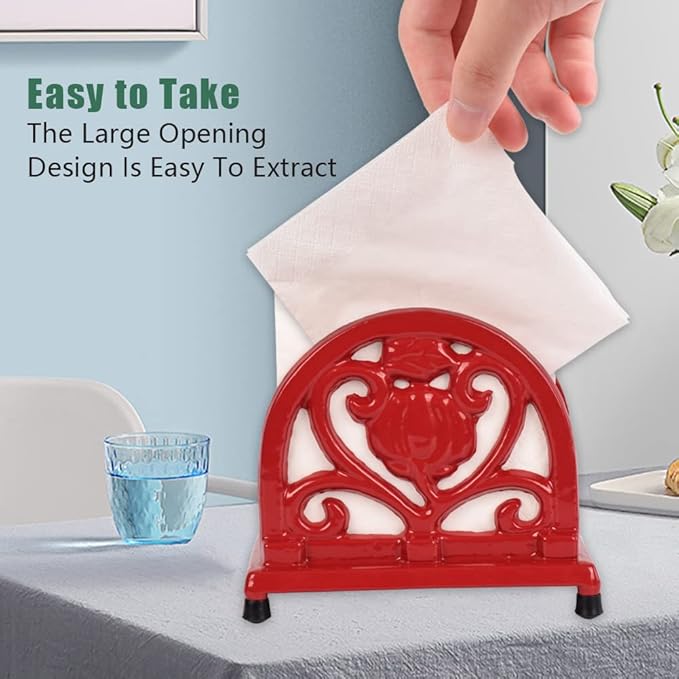 Napkin Holder for Table - Vintage Farmhouse Kitchen Restaurant Cast Iron Napkin Holder for Dinner Cocktail Paper Napkins, Red