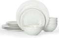 Famiware Garden Plates and Bowls Set, 12-Piece Dishes Set for 4, Scratch Resistant Kitchen Dishes Dinnerware Set - Microwave and Dishwasher Safe, Reactive Glaze and Embossed Stoneware, White