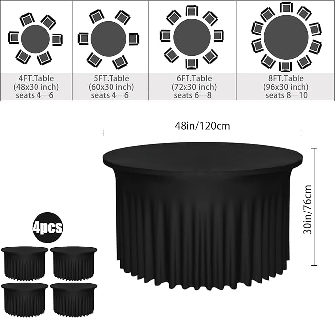 4 Pack Black Round Table Skirt, 48 Inch Diameter x 30 Inch Height, Stretch Polyester Spandex Tablecloth for 4ft Tables, Stain & Wrinkle Resistant for Wedding, Party, Banquet Decor