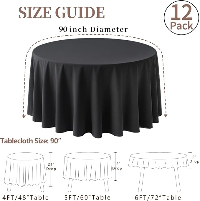 12 Pack Round Tablecloth 90 Inch Cloth Black Tablecloth for Round Tables, Washable Polyester Table Cloth Stain and Wrinkle Resistant Decorative Table Cover for Wedding Party Dining Banquet