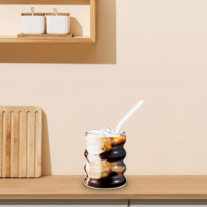 Glass Cup and Straw Set 300ml Ribbed Single-layer Glass Cups with Straws and Cleaning Brush, Juice Container and Coffee Glassware for Home Kitchen Dining, 9pcs Drinkware Set