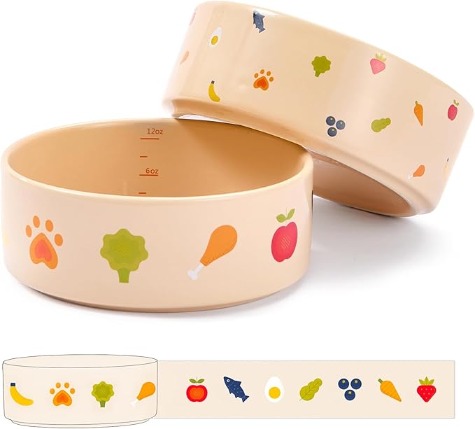 Ceramic Dog and Cat Bowl Set of 2 with Weighted Non-Slip Ring - 1.6 Cups, Stoneware Food and Water Set, Pet Feeding, Microwave and Dishwasher Safe-NomNom-S 2pcs