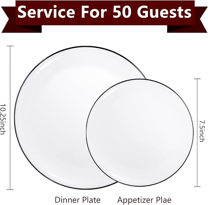 EI 100pcs White and Black Disposable Plates for Party,White Plastic Dinner Plates with Black Rim Disposable,Plastic Dessert Plate for Wedding,Family Party,Afternoon Tea Business New Year