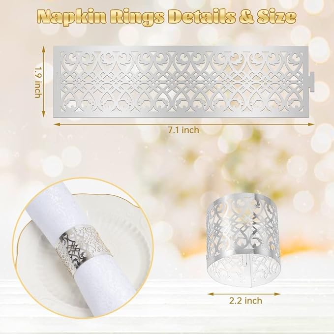 150PCS Premium Napkin Rings Laser Cut Foil Paper Napkin Holder for Wedding Party Dinner Table Decor,Special Events and Catering Services (Silver)