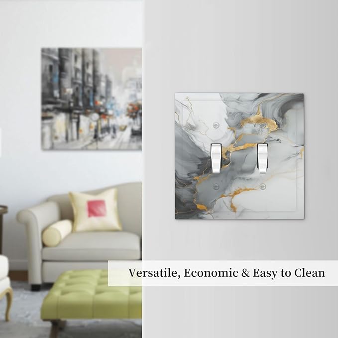 Decorative Light Switch Cover Gray/Gold Marble Abstract Modern Luxury 2 Gang Wall Plate Double Toggle Switch Plate Receptacle Electrical Outlet Cover Switchplate for Bathroom Bedroom（2 Pack）