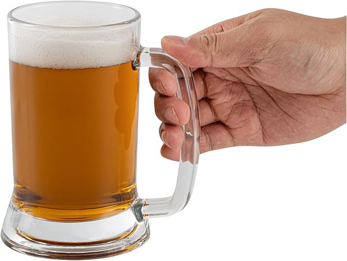 Restaurantware-Vetri 16 Ounce Beer Mugs, 6 Dishwashable Beer Glasses With Handle - No-Lead, Heavy Base, Clear Glass Large Stiens, For Pubs, Bars, Restaurants, Home, Hotel, Or Hosting Parties