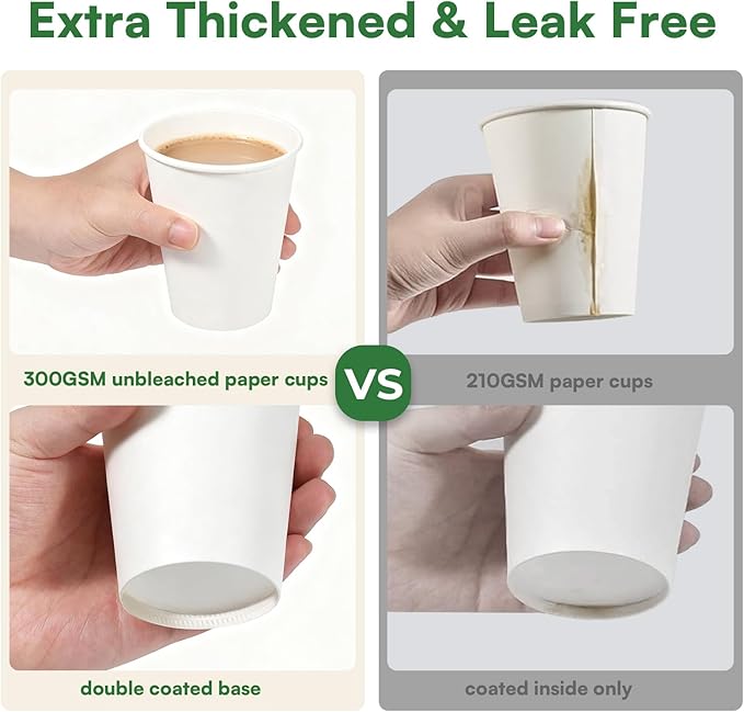 16 oz Coffee Cups Disposable White Paper Cups,180 Pack BPA Free Unbleached Disposable Cups, 300GSM Thickened Hot Cups, Leak Proof Drink Water Cups for Everyday Use Office Party Cafe Supply Essentials
