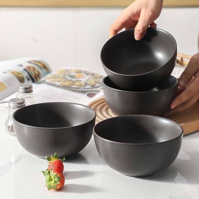 Cereal Bowls, 24 oz Soup Bowls Set of 4, Ceramic Bowls Set for Salad, Fruit, Breakfast, Dessert, Stoneware Bowls for Kitchen, Dishwasher & Microwave Safe, Matte Black