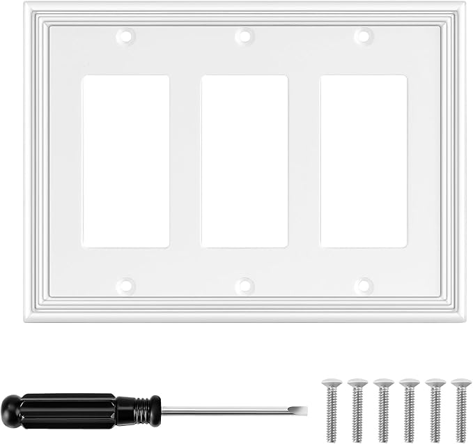 White Modern Decorative Wall Plate Light Switch Cover Decorator Outlet Covers Rocker Switch Plates Bamboo Fiber Material Wall Plates for Kitchen Bathroom (3 Gang Triple Decorator-1 Pack)