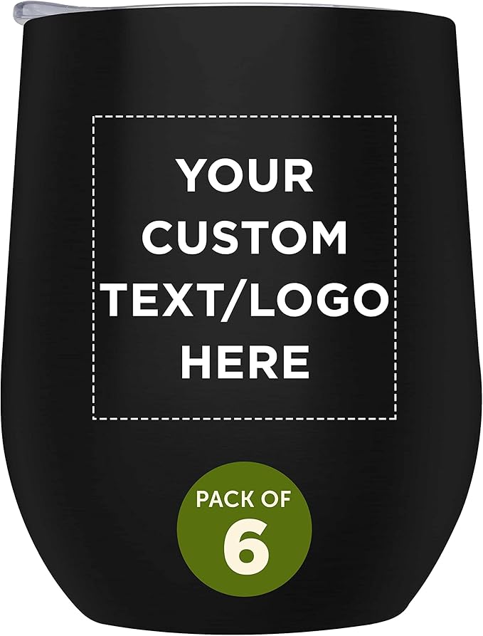 Custom Stemless Wine Glass Tumblers with Lids by Largo 11 oz. Set of 6, Personalized Bulk Pack - Perfect for Wine, Cocktails, Other Hot & Cold Beverages - Black