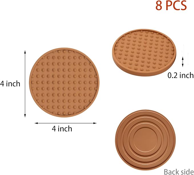Set of 8 Silicone Coasters, 4'' Drink Coaster with Holder, Round Coasters for Drinks Beer Coffee Home Office Bar Desk Tabletop Protection, Non-Slip Rubber Coaster (Tawny, 8 Pcs-Metal Holder)