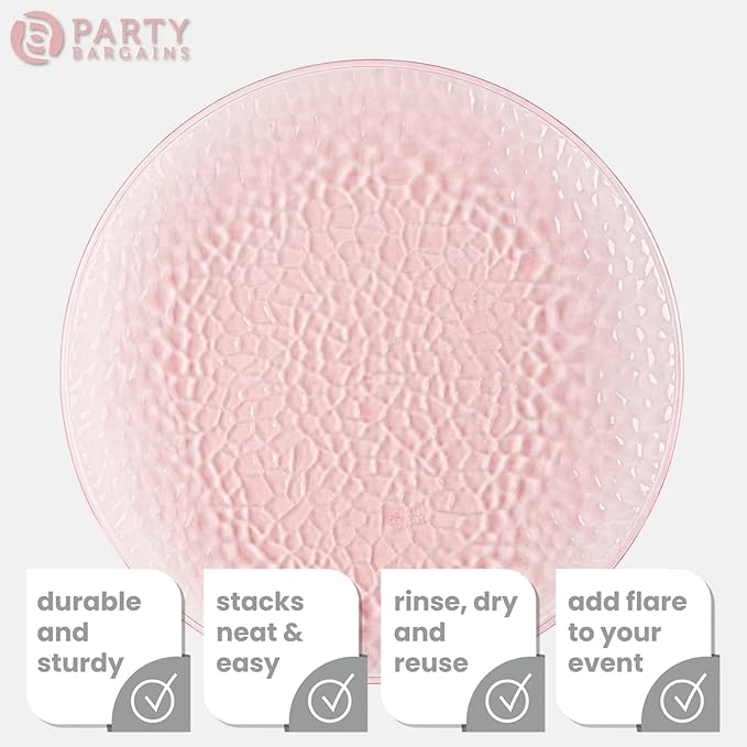 PARTY BARGAINS 13-Inch Charger Plates - 8 Pack, Hammered Pink, Heavy-Duty Disposable Chargers for Elegant Dining - Ideal for Weddings and Formal Events
