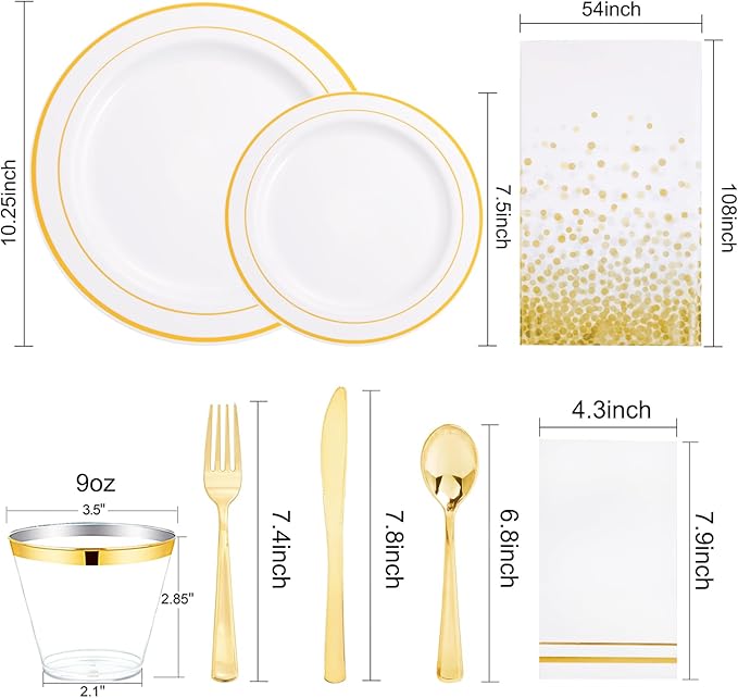 GATHER 176 Pieces Gold Dinnerware Disposable - White and Gold Plastic Plates Includes 50 Plates, 25 Plastic Silverware, 25 Napkins, 25 Cups and 1 Tablecloth for Wedding Party