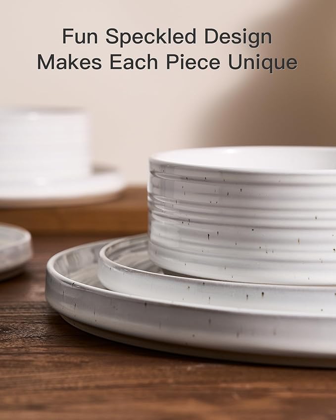 Stoneware Dinnerware Sets, Plate and Bowl Sets for 4, 12 Pieces Spiral Straight Dishware with Speckles and Reactive Glaze, Microwave Dishwasher Safe Family Tableware, White