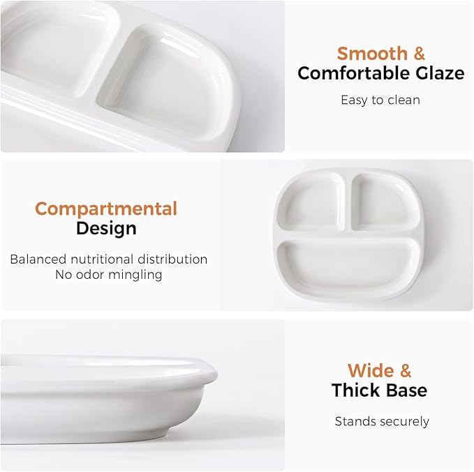 8.58" Square Ceramic Divided Plates - 4 Pack, Portion Control Plate for Rational Eating, White Dinner Plates, 3 Compartment Dinner Diet Plates for Kids Adults, Microwave, Dishwasher Safe