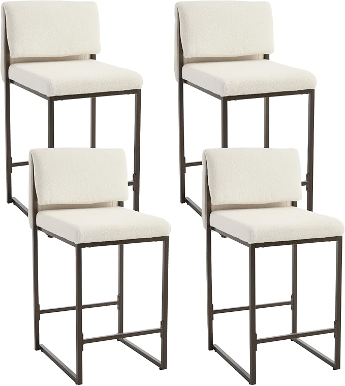 Modern Barstools Set of 4, 26” Upholstered Counter Height Bar Stools Sherpa Fabric Counter Stools with Padded Back Metal Frame for Kitchen Island Dining Room, White